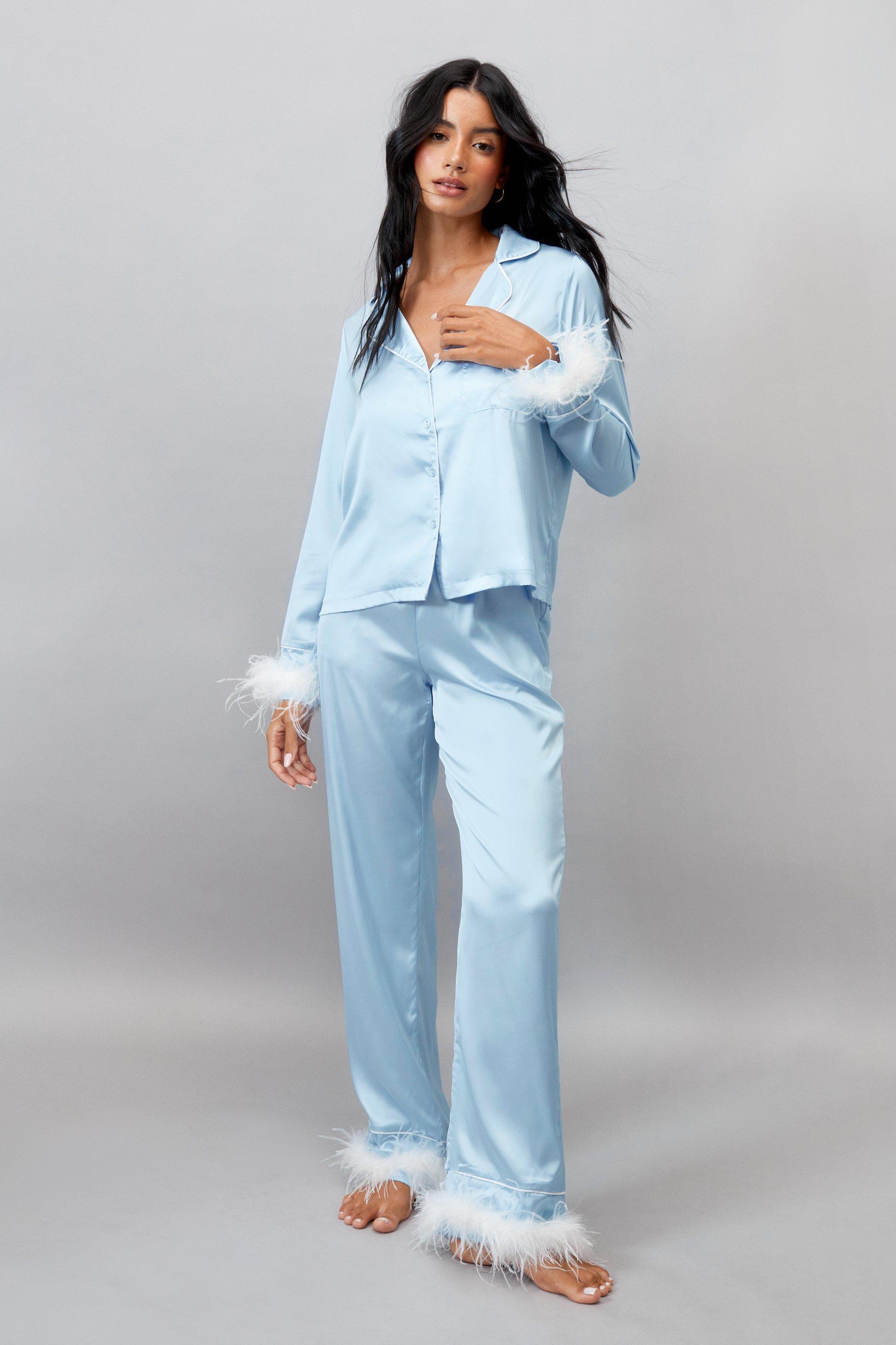 Women s Something Blue Embroidered Feather PJ Trousers Set Boohoo UK